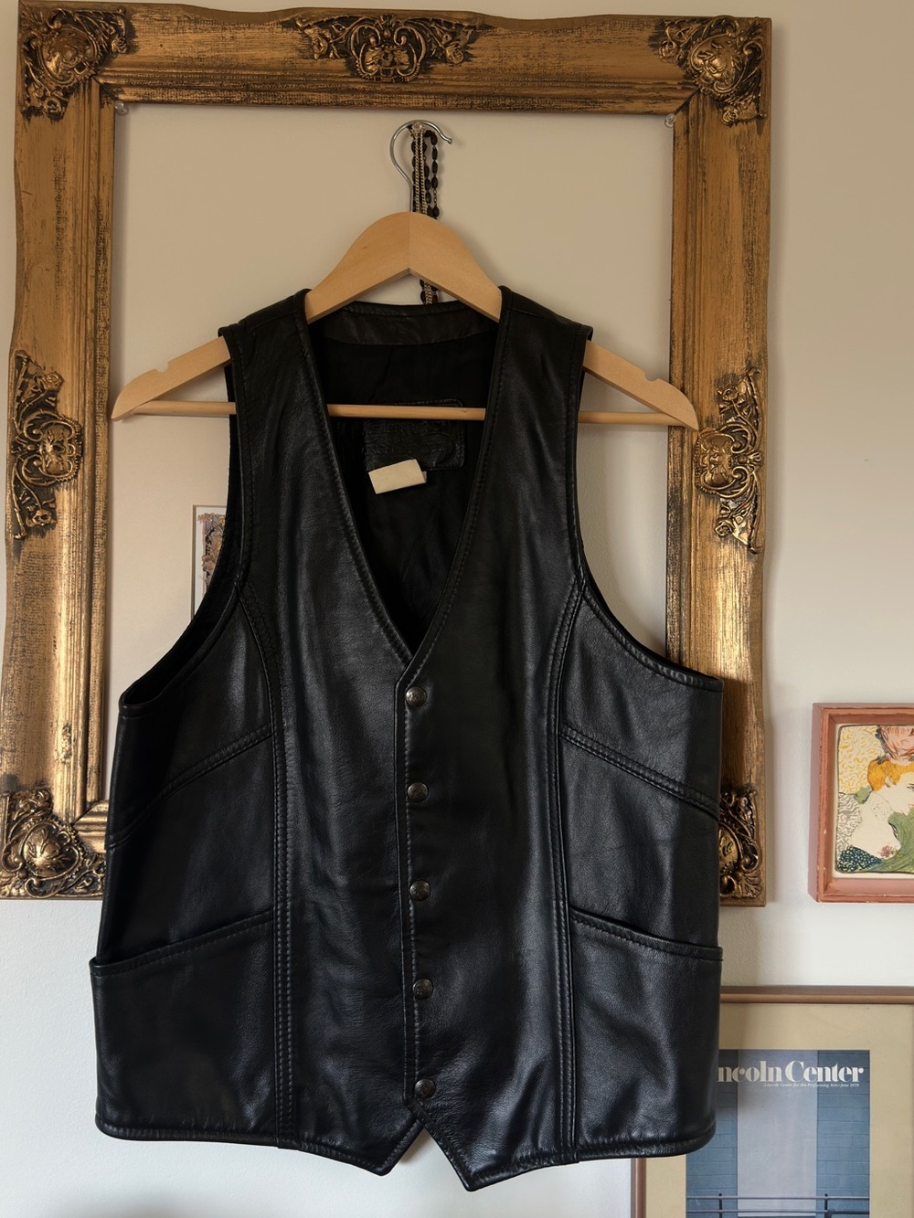 Vintage Black Leather Biker Vest with Button Closure